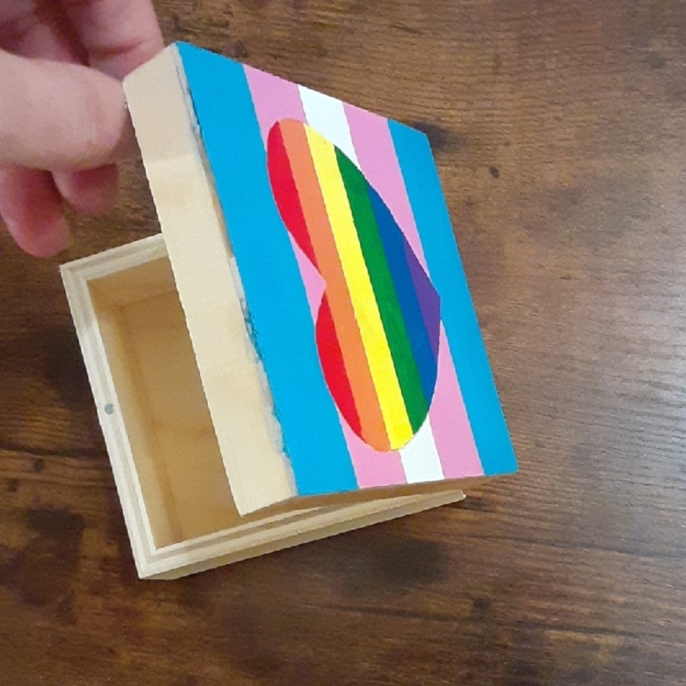 Wooden Trinket Box with Hand-Painted Rainbow Heart & Trans Pride Stripes - Picture 5 of 8